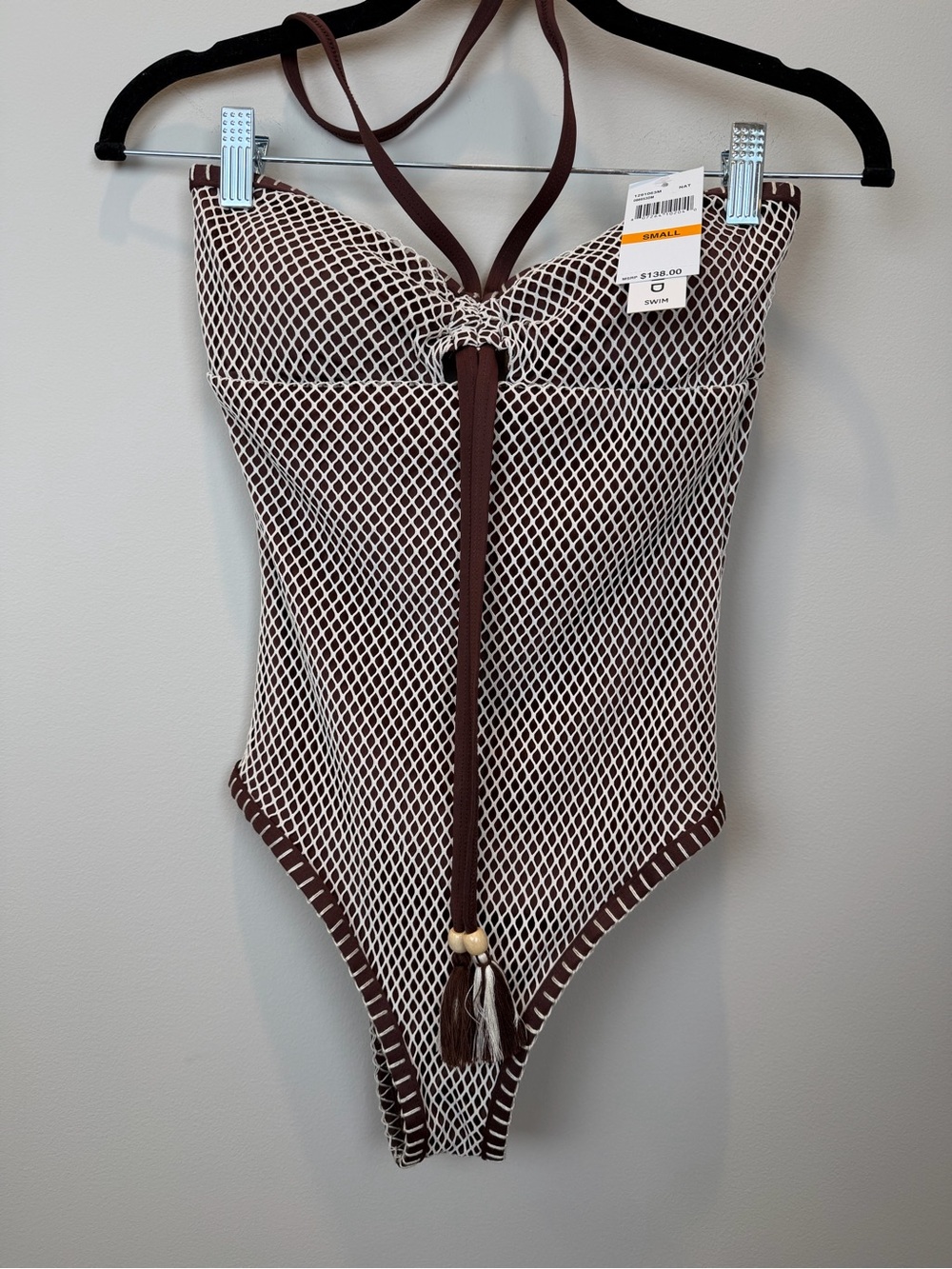 Lucky Brand NWT Brown & Ivory Mesh One Piece Swimsuit Size S $138